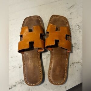 Leather Tan Slide Sandals